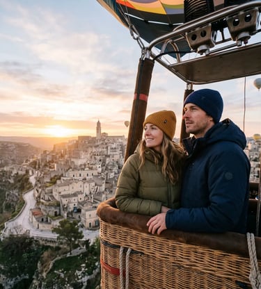 Couple in warm jackets enjoying sunrise Matera balloon flight over the Sassi