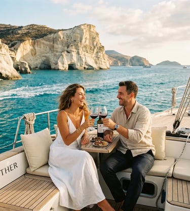 Two glasses of chilled Assyrtiko white wine on yacht deck with Pollonia village and turquoise sea, Milos