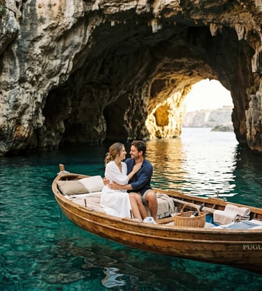 Couple on wooden boat inside sea grotto with turquoise water, Puglia Italy
