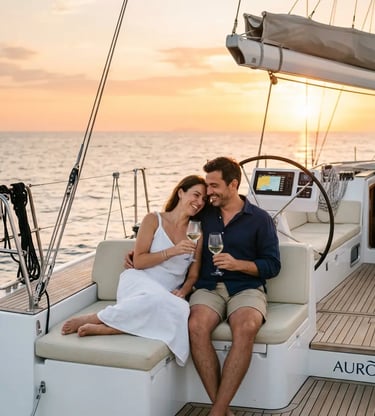 Couple sharing wine on a private sailing yacht in Barcelona at sunset