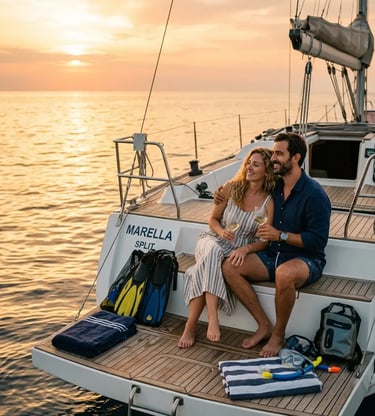 Couple enjoying wine on private boat tour from Split Croatia at golden hour sunset
