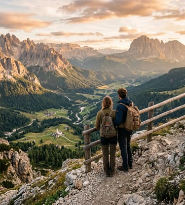 Two hikers with backpacks gazing at vast Dolomite valley at golden hour