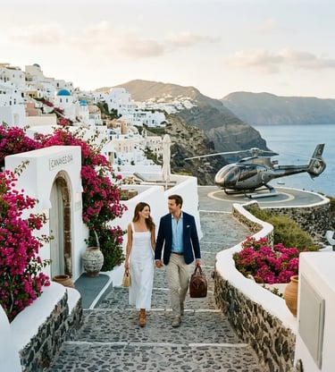 Couple walking to private helicopter from luxury hotel in Santorini Oia at sunset