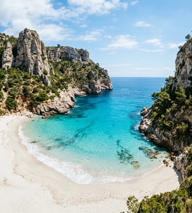 Cala Zafferano hidden white sand beach surrounded by limestone cliffs in Southern Sardinia