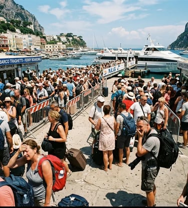 Crowded ferry terminal at Marina Grande Capri with tourists waiting in long lines during summer