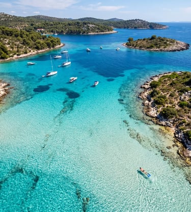 Aerial view of crystal-clear turquoise Blue Lagoon, Croatia, snorkeler below