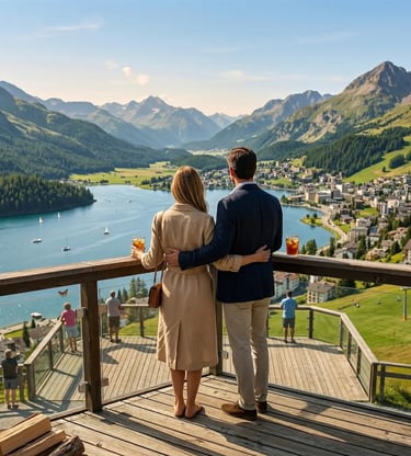 Elegant couple with drinks on wooden terrace overlooking St. Moritz lake and alpine valley