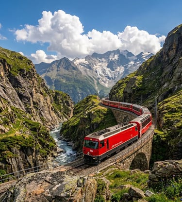 Red Bernina Express train crossing stone viaduct in Swiss Alps with glacier peaks behind