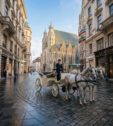 hite horse-drawn carriage on Vienna cobblestones with St. Stephen's Cathedral backdrop