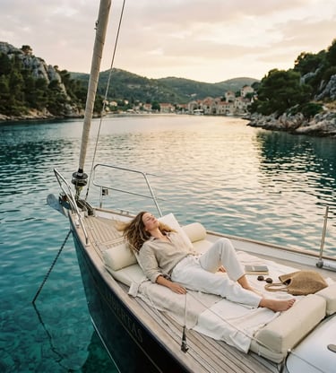  Woman in linen relaxing on bow of premium sailboat anchored in quiet Croatian cove at sunset