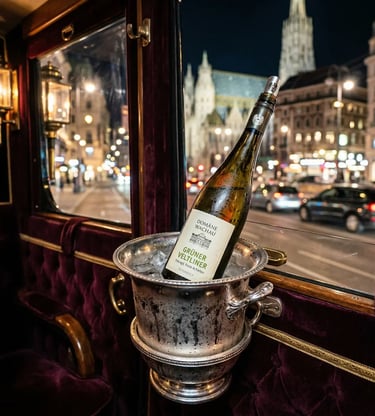 Chilled  wine bottle in silver ice bucket inside a velvet-upholstered Vienna carriage, Stephansdom in background