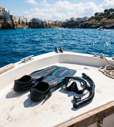 Cressi fins mask and snorkel on white boat deck with Puglia cliffs and blue sea behind