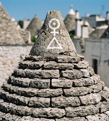 Close-up of ancient symbol painted on trullo stone cone, Alberobello Puglia
