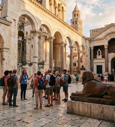 Licensed local guide leading tour group at Diocletian's Palace Peristyle and sphinx in Split