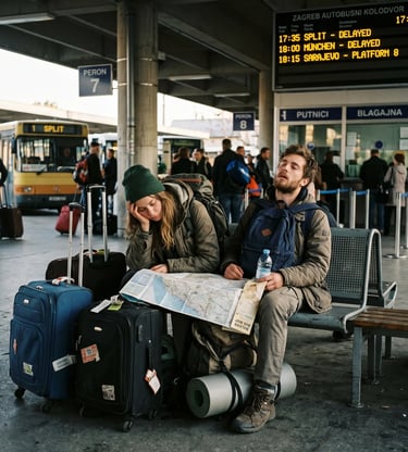 Exhausted travelers with luggage and map at Zagreb bus station facing delayed Split departure.