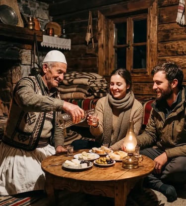 Albanian host in traditional dress pouring raki for two travelers inside a rustic mountain guesthouse