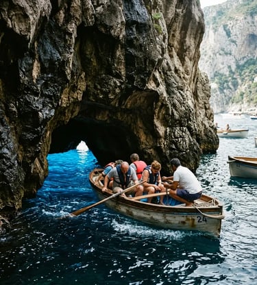 Tourists ducking into Blue Grotto cave entrance on a small wooden rowboat in Capri