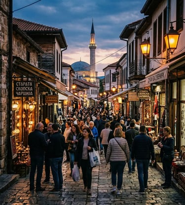 Crowded Old Bazaar in Skopje North Macedonia at dusk with illuminated mosque in background