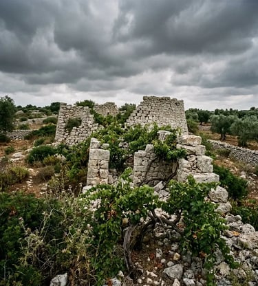 Ancient Messapian stone ruins with wild grapevines growing through rocks in Puglia
