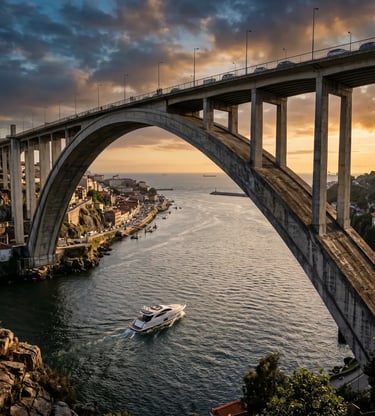 Luxury yacht passing under Arrábida Bridge concrete arch toward Atlantic Ocean at Foz do Douro