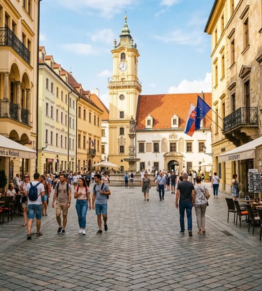 Bratislava Old Town Main Square with clock tower, Slovak flag and cobblestone street