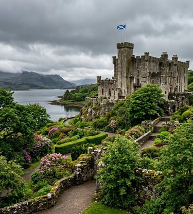 Dunvegan Castle surrounded by lush gardens with Cuillin Mountains and loch in background