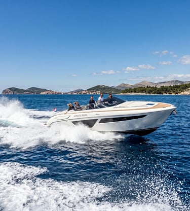 Private luxury speedboat cruising the Adriatic Sea from Split toward Hvar and the Pakleni Islands