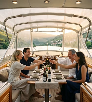Two couples toasting wine inside luxury yacht with transparent bimini enclosure on Douro River