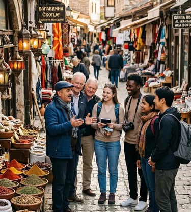 Diverse group of travelers with a local guide at a spice market in Skopje, North Macedonia