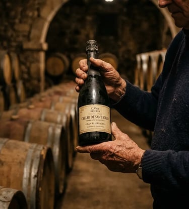 Cellar master inspecting a Gran Reserva cava bottle in a traditional aging barrel hall