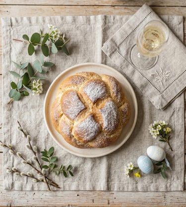 Austrian Osterpinze Easter bread on linen cloth with a glass of sparkling Prosecco