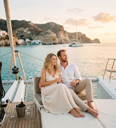 Romantic couple enjoying wine tasting on a private luxury catamaran at sunset in Milos Greece