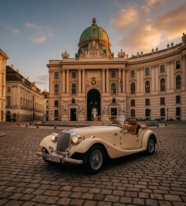 Cream convertible vintage electric car on cobblestones in front of Hofburg Palace