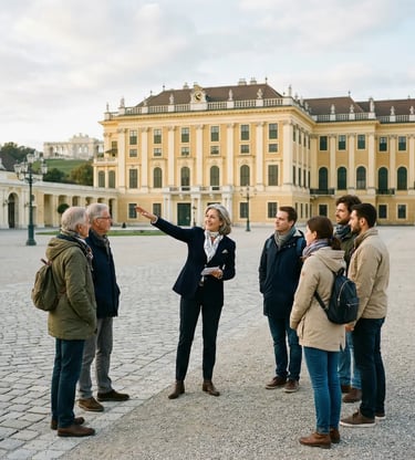 Female tour guide pointing at Schönbrunn Palace with small group of travelers