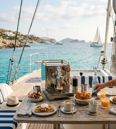 Fresh breakfast and espresso machine on catamaran deck in Menorca turquoise bay