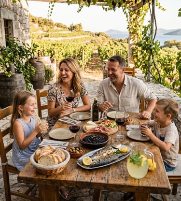 Family enjoying Dalmatian lunch with wine and lemonade at Pelješac vineyard konoba, Croatia