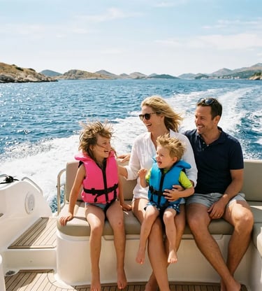 Family with kids laughing on a private speedboat tour near Split Croatia islands