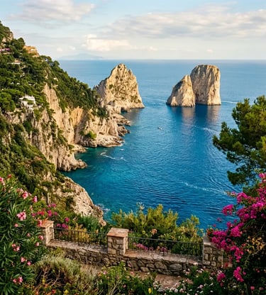 Faraglioni rock stacks seen from Gardens of Augustus, Capri, with bougainvillea and blue sea