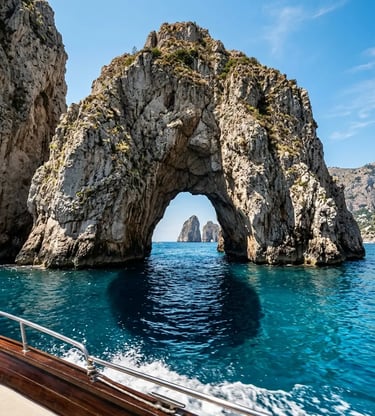 Faraglioni rock arch in Capri seen from a private boat on turquoise Mediterranean water