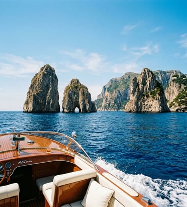 Private wooden boat approaching Faraglioni rocks off Capri coast on a clear summer day