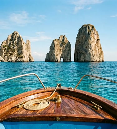 Faraglioni Rocks of Capri seen from the wooden bow of a private gozzo on turquoise Tyrrhenian Sea