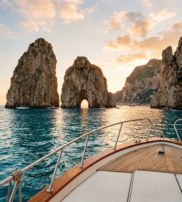 Faraglioni rocks and natural sea arch viewed from luxury boat deck at sunset, Capri Italy