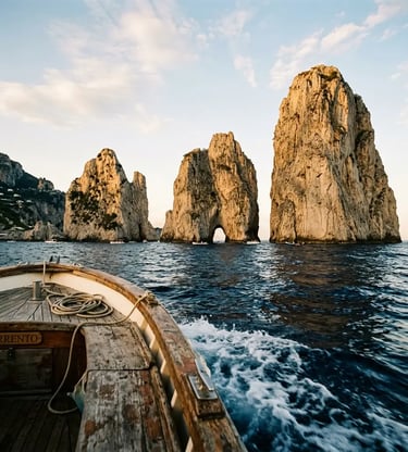 Faraglioni rocks of Capri viewed from the deck of a Sorrento boat at golden hour