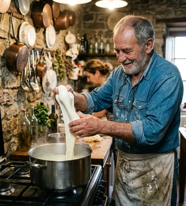 Italian farmer stretching fresh mozzarella by hand in rustic stone farmhouse kitchen