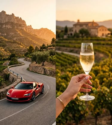 Red Ferrari on Catalan mountain road and hand holding cava glass over El Penedes vineyard