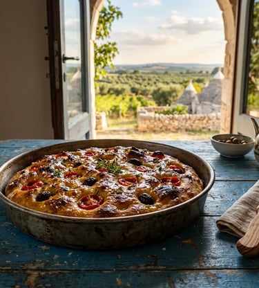 Golden Focaccia Barese with tomatoes and olives in a metal pan on a rustic blue table in Puglia