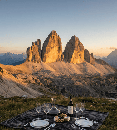 Elegant picnic setup with wine and cheese facing Tre Cime di Lavaredo at golden sunset