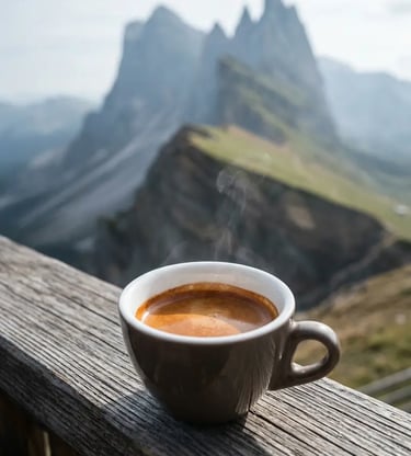 Steaming espresso cup on wooden railing with dramatic Dolomites rock spires behind