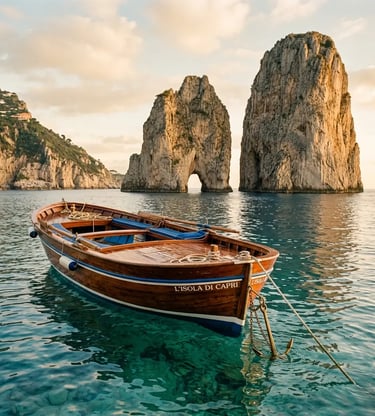 Traditional Caprese gozzo boat anchored in turquoise water beside the Faraglioni rocks at sunset.
