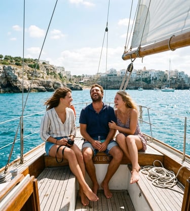 Three friends laughing on sailboat deck with Polignano a Mare cliffs behind, Puglia coast